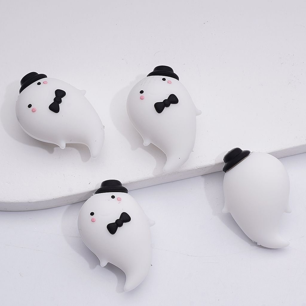 Cute 3D Ghost with Bow Tie and Black Hat Halloween Silicone Focal Beads