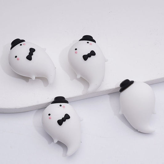 Cute 3D Ghost with Bow Tie and Black Hat Halloween Silicone Focal Beads