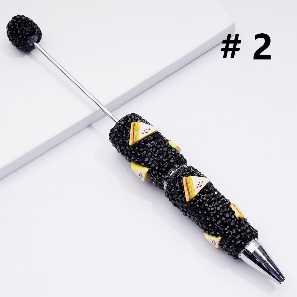 Cute Snack Theme with Bread, Cake, Pizza & Donut Black Rhinestones Clay Pens