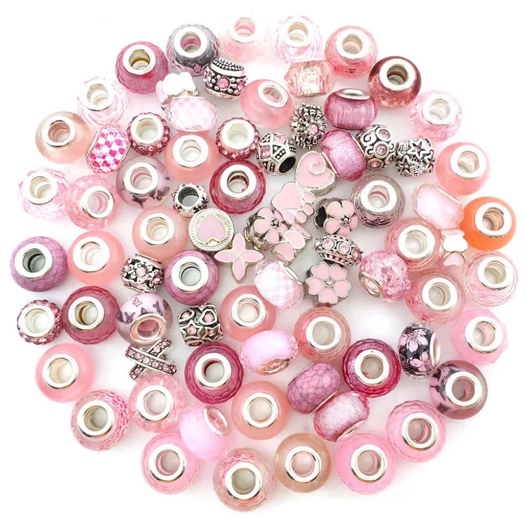 Mix of Metal and Pink Acrylic Beads with Big Hole, 80Pcs