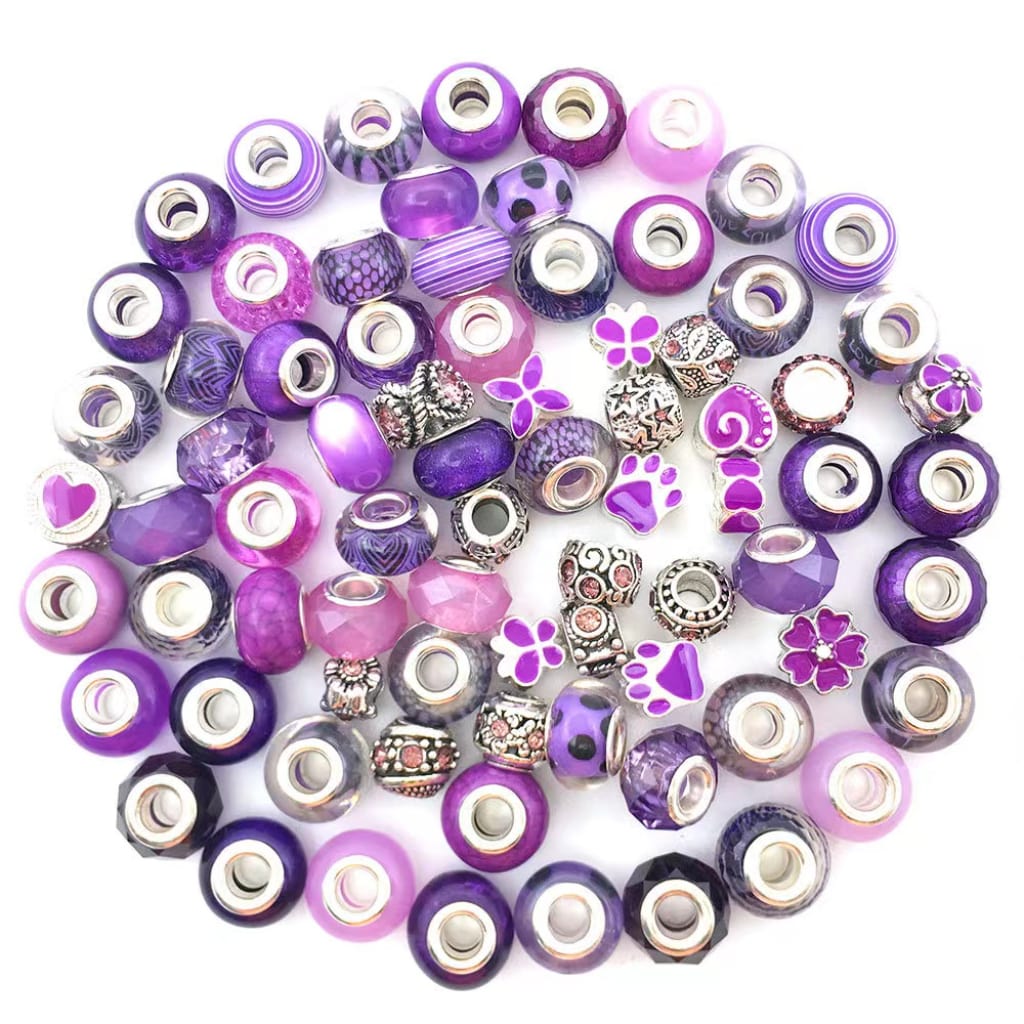 Mix of Metal and Purple Acrylic Beads with Big Hole, 80Pcs