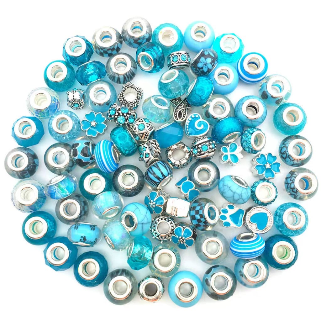 Mix of Metal and Turquoise Acrylic Beads with Big Hole, 80Pcs