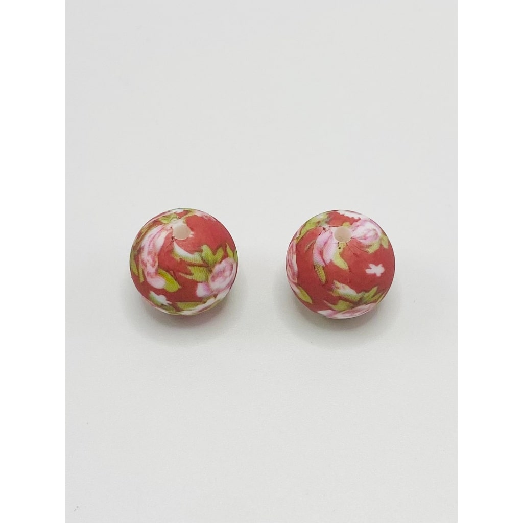 Printed Pink Flower on Red Silicone Beads Number 300