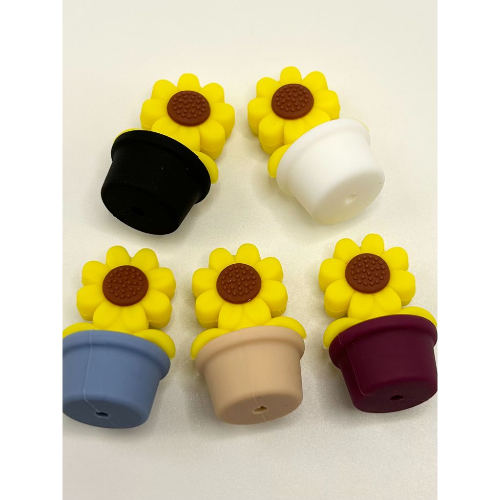 Sun Flower Beads in a Pot Shape, Sunflower Silicone Focal Beads