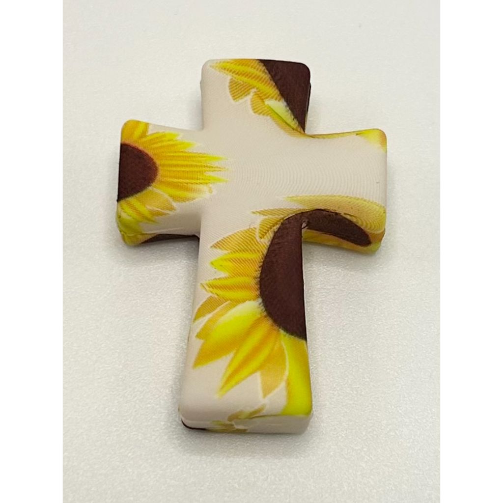 White Printed Sunflower Cross Silicone Focal Beads