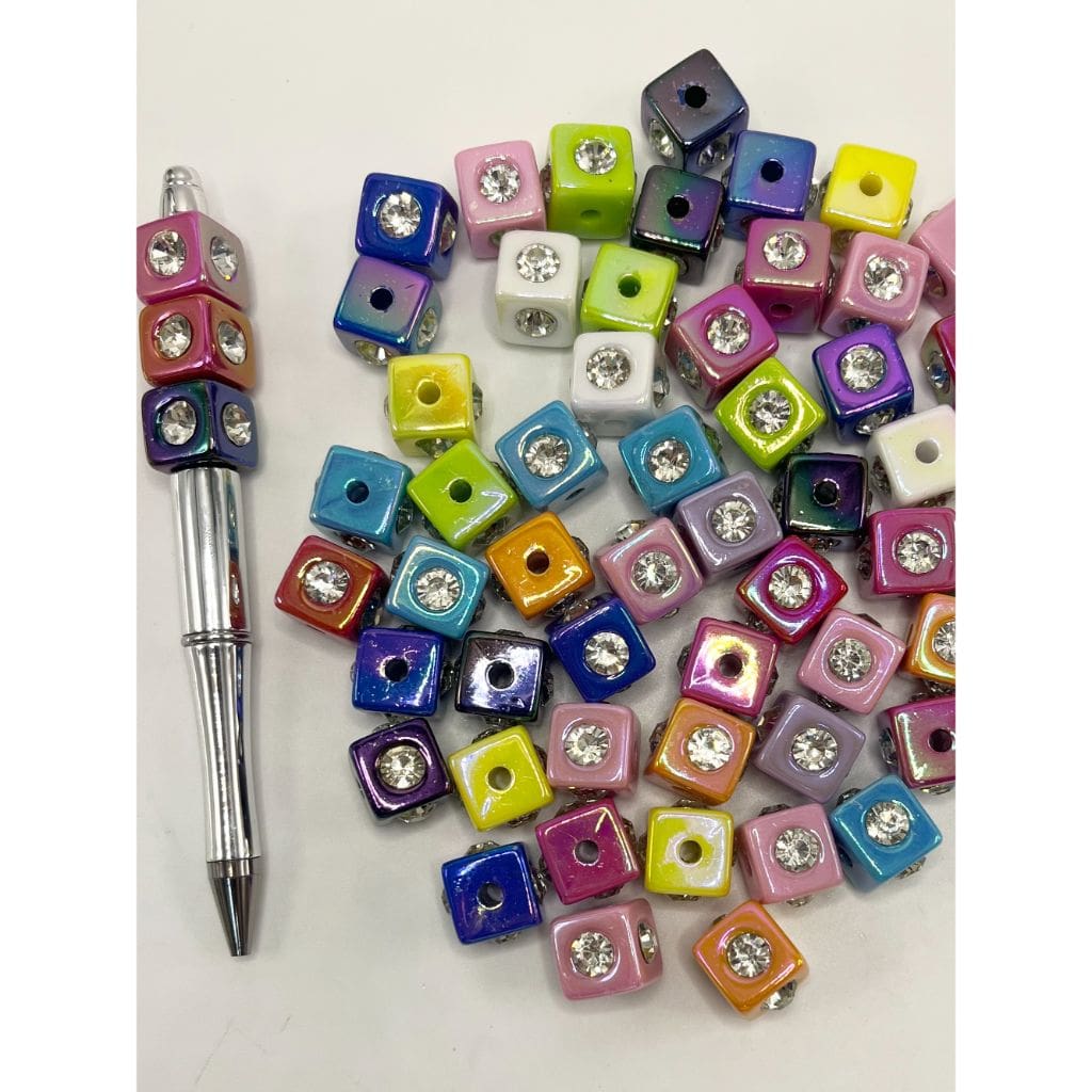 UV Finish Cube Acrylic Beads with Large Rhinestone, 14mm, LL