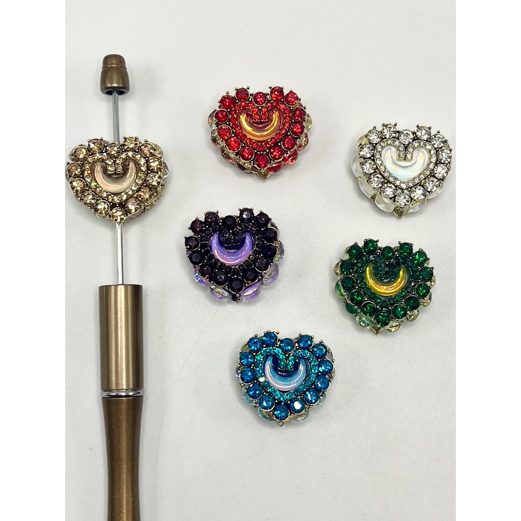 Clay Heart Beads with Moon in the Middle and Crystal Rhinestones, Random Mix Colors, YY