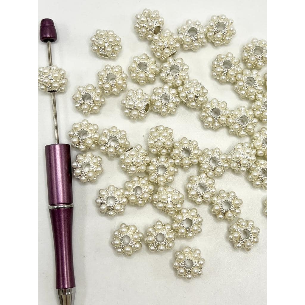 Alloy Beads Silver Color with White Pearl, 14mm, HD