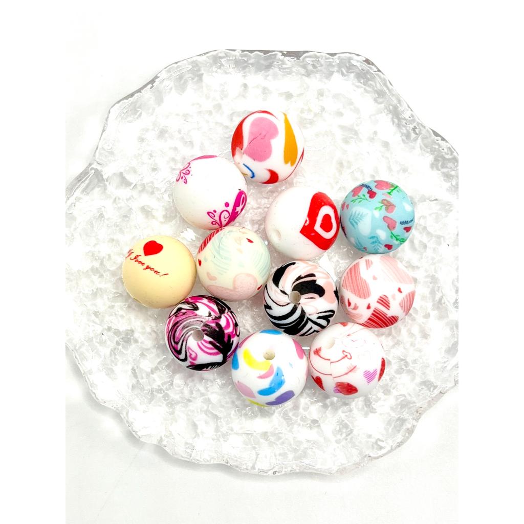 Heart Printed Valentine's Day Silicone Beads, Random Mix