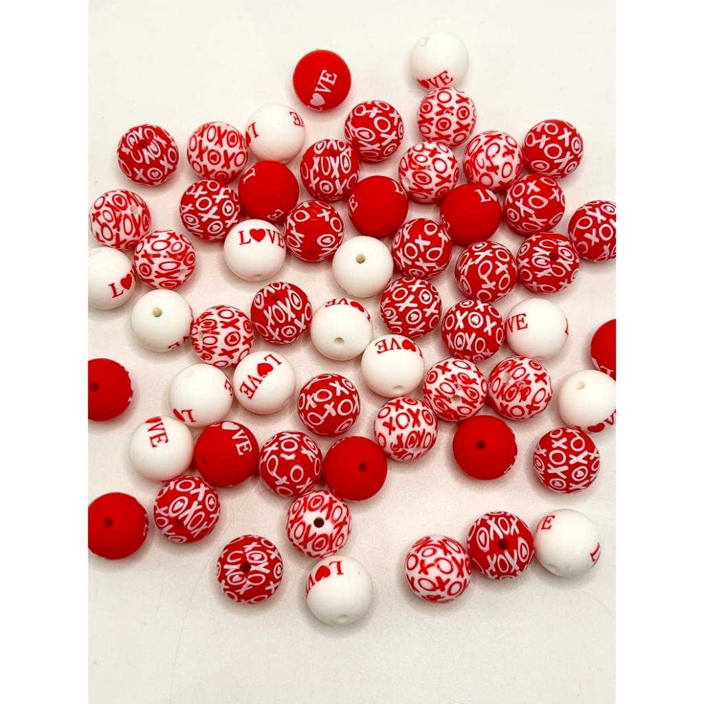 Heart Design with Love Beads for Valentine's Day, Printed Silicone Beads, 15mm, Random Mix