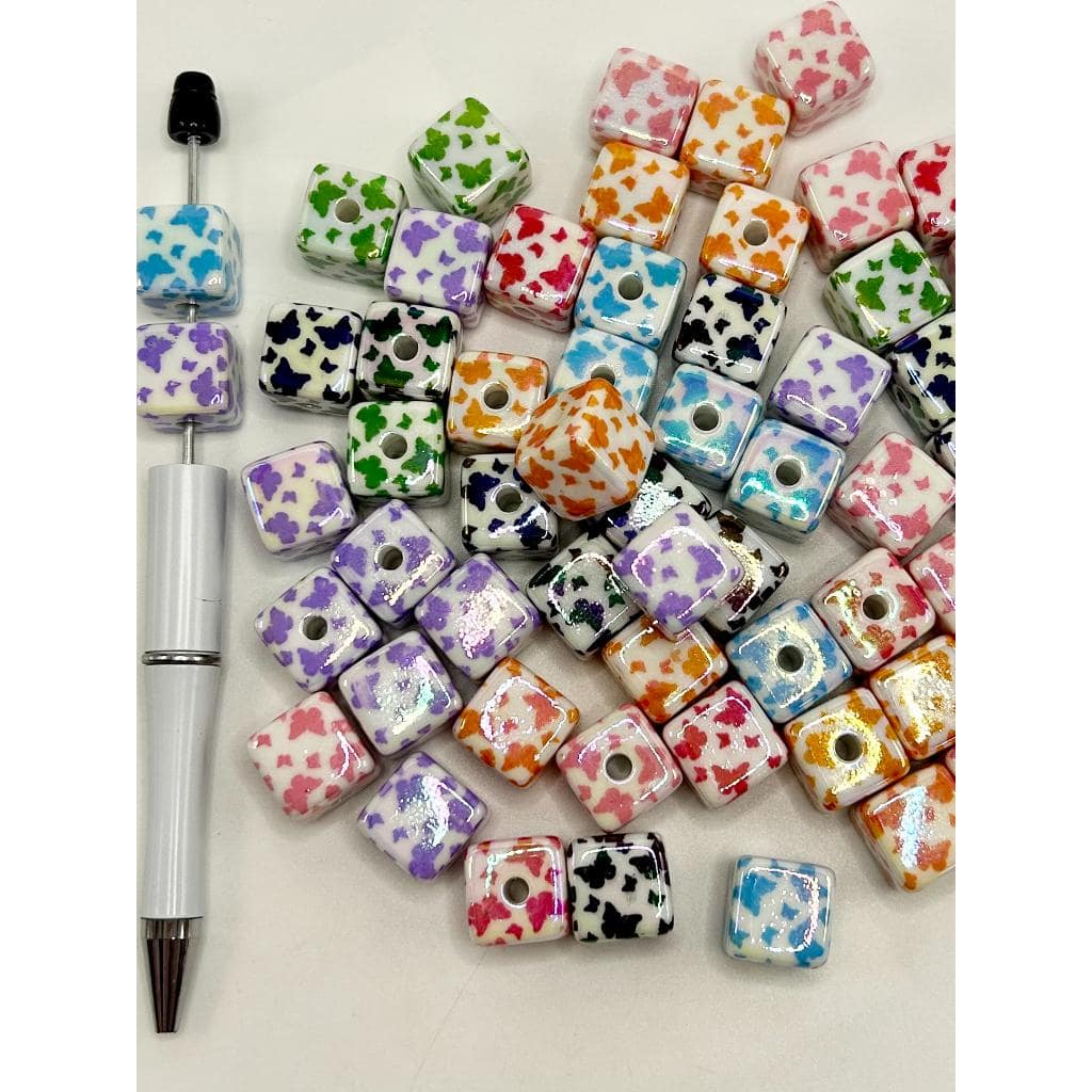 Cube Acrylic Beads with White Square Butterfly, 14mm, WQ