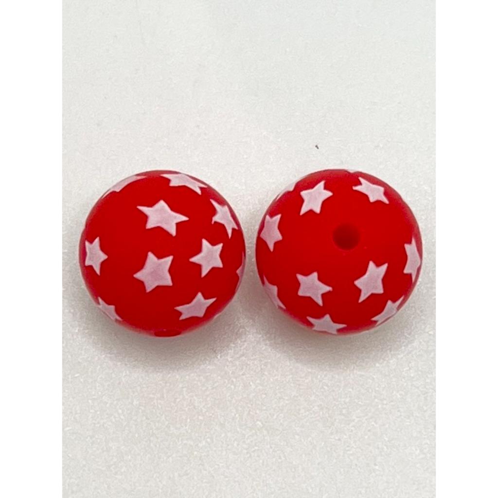 White Star with Red Beads Printed Silicone Beads, 15mm