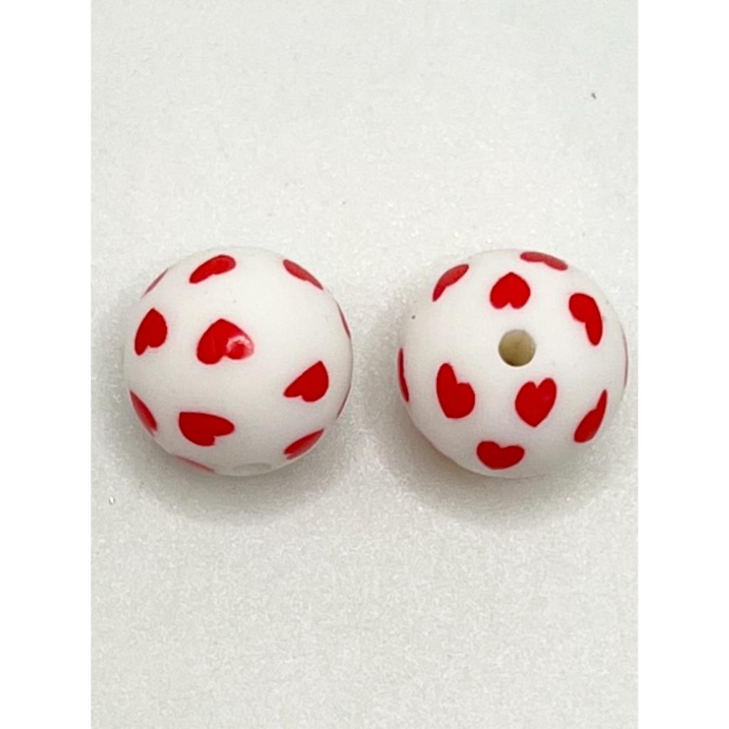 Red Heart with White Beads Printed Silicone Beads, 15mm