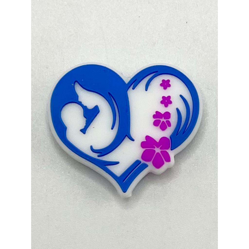 Mom Baby Love Blue Heart Shaped Purple Flowers Silicone Focal Beads