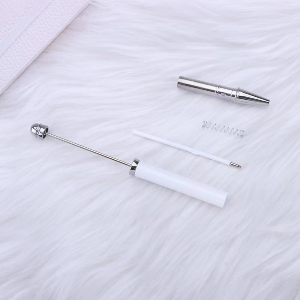 DIY Beadable Pens in White Silver Color, Decorated with Pen Wraps and Beads