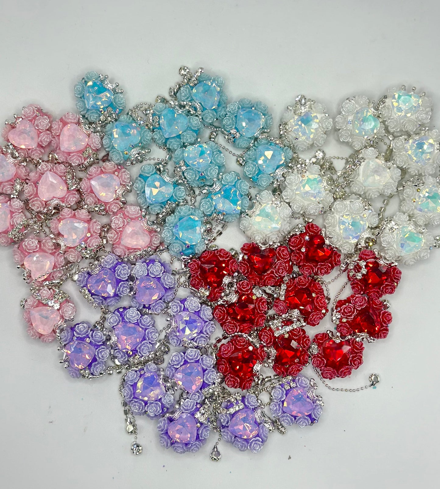Heart Shape Clay Beads with Heart, Small Flower, Crown, Silver Color Chains with Clear Rhinestones, Random Mix Color, 24MM by 26MM
