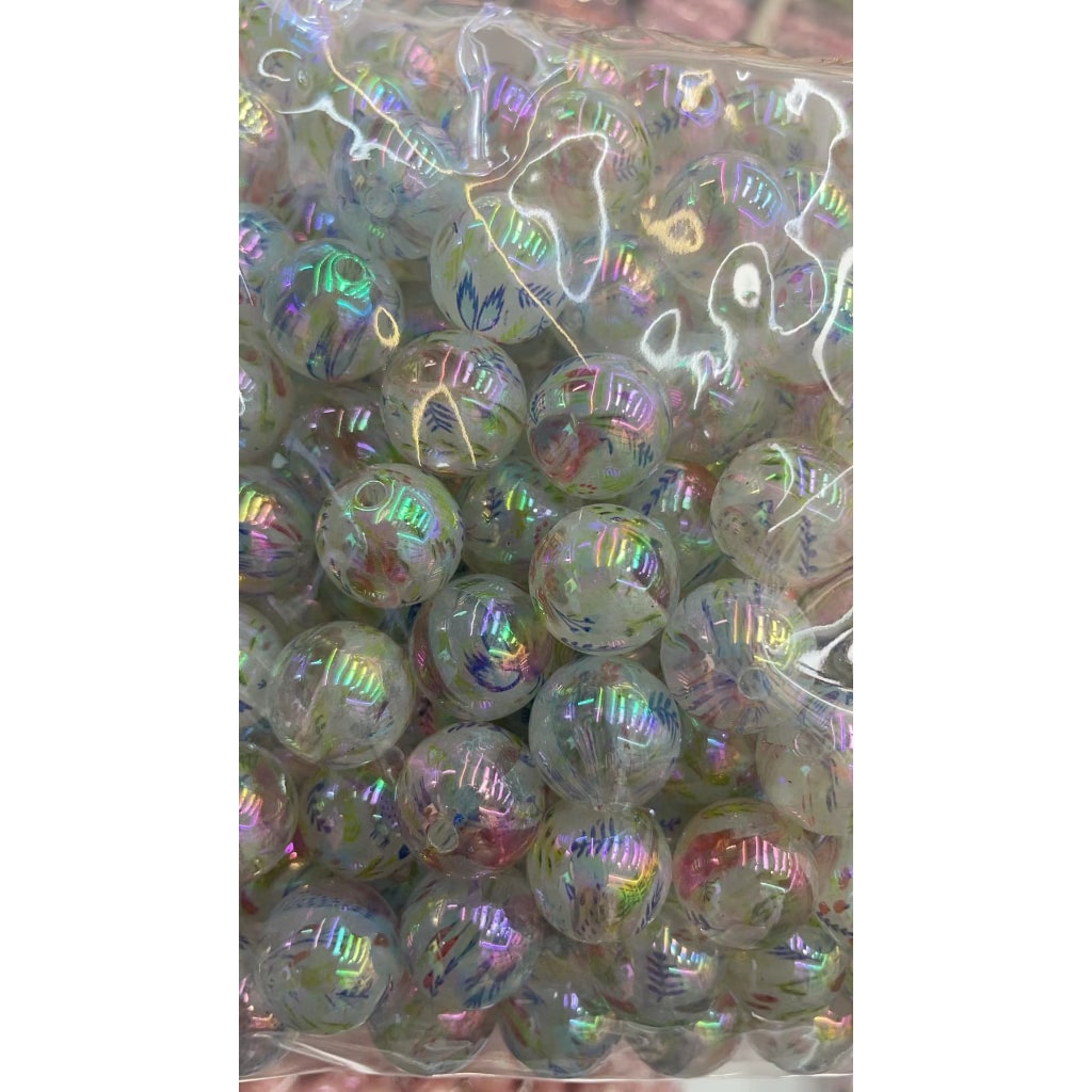 Small Flowers with Leaves Prints with UV Coating Clear Acrylic Beads Random Mix, 16MM