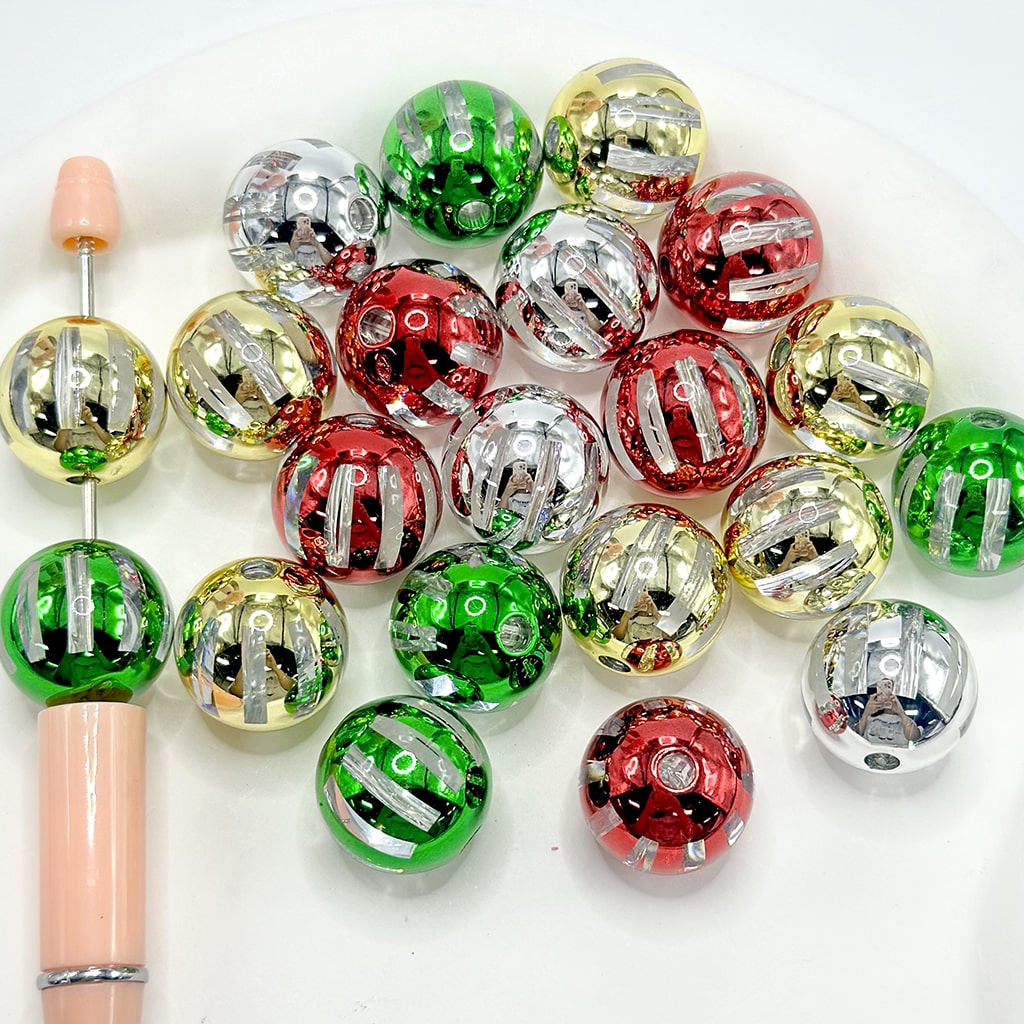 Christmas Clear Metallic Color Vertical Stripes Outside Acrylic Beads, Random Mix, 20MM