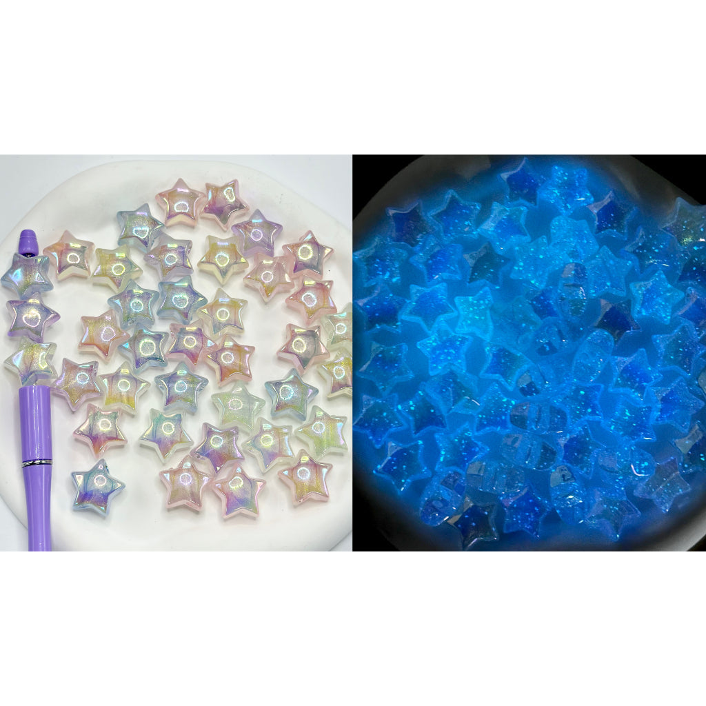 Glow in the Dark, Luminous UV Coating Star Shape Acrylic Beads, Random Mix, 21MM