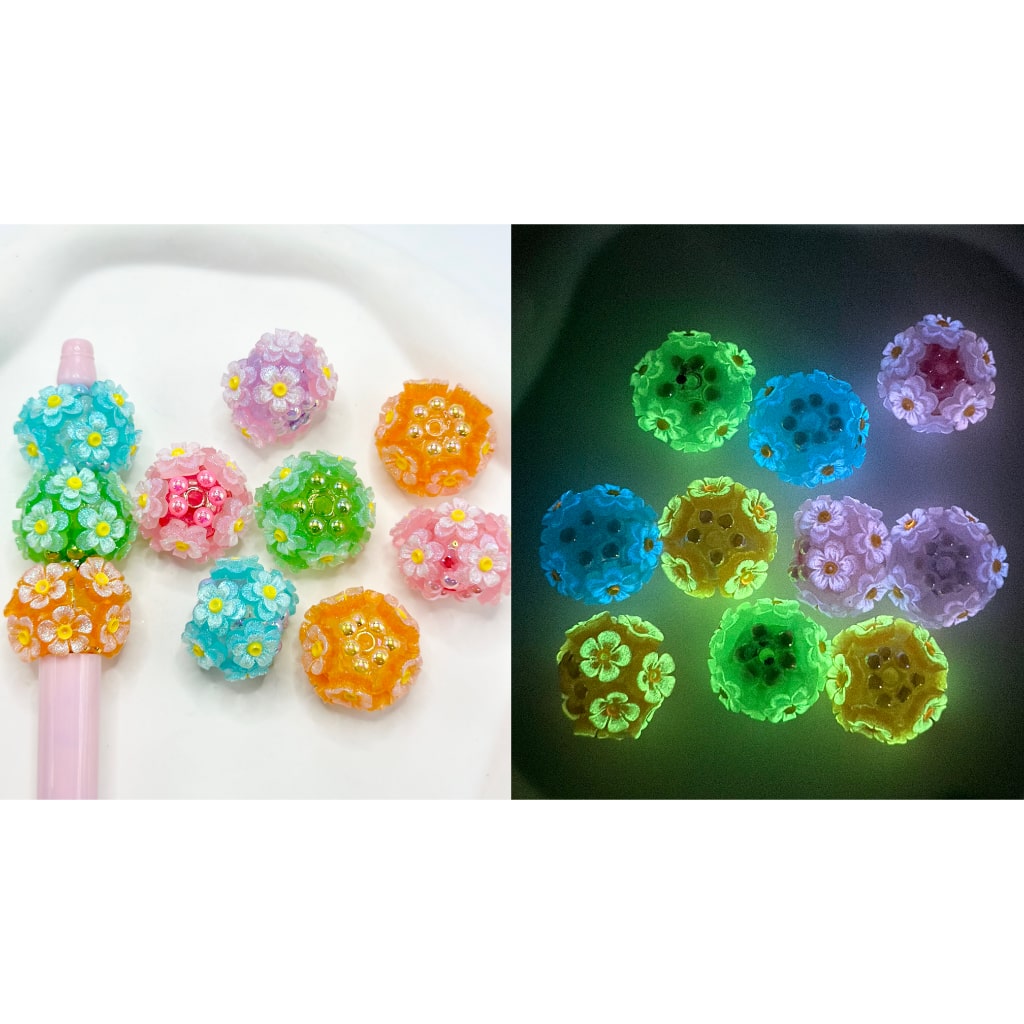 Pearls and Double Layer Glitter Flowers with Luminous Solid Color Acrylic Beads, Random Mix, 18MM by 24MM