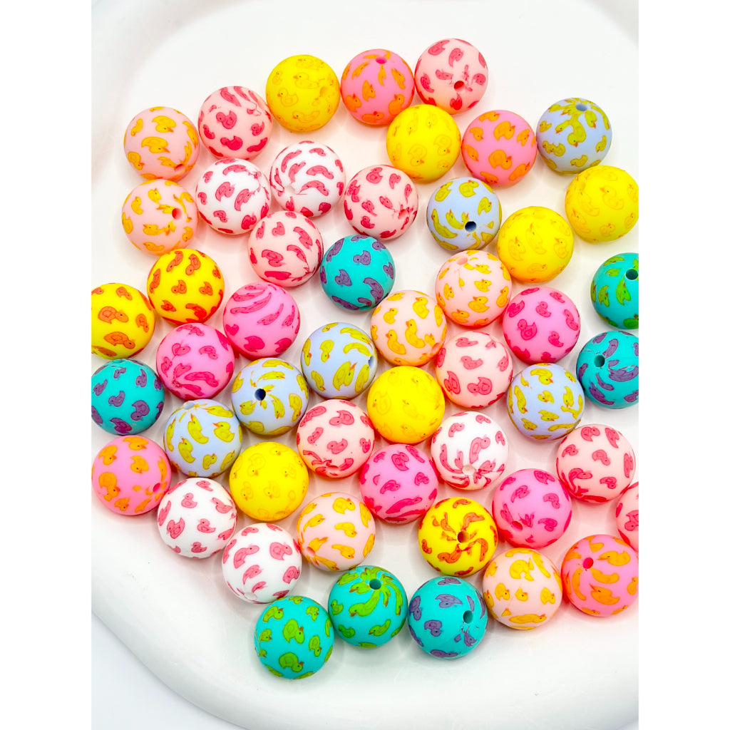 Duckling Pattern Printed Round Silicone Beads 15MM
