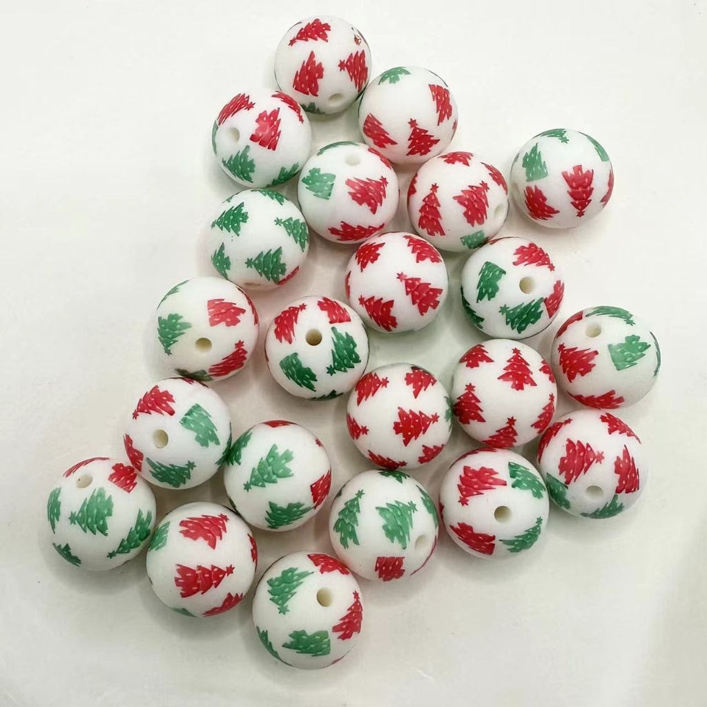 Round Printed Green Red Christmas Pine Tree Pattern Silicone Beads 15mm, Number Z-50
