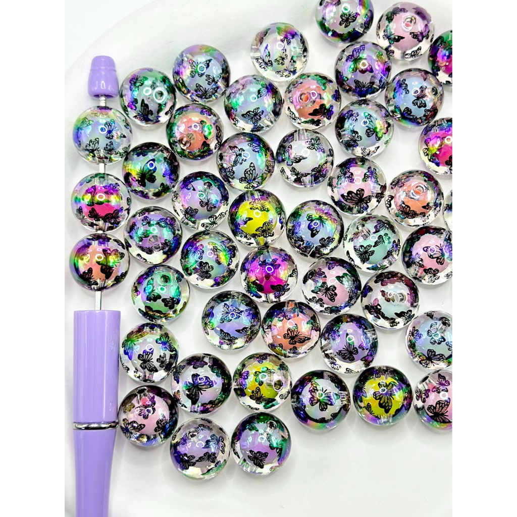 Clear Acrylic Beads with Black Butterfly Pattern, UV Coating Double Layer ,Random Mix, 16MM