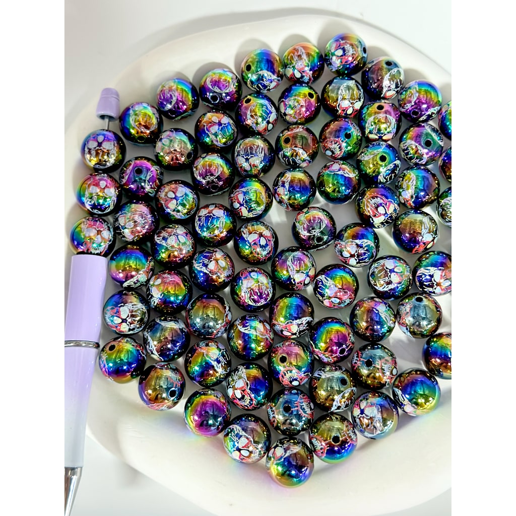 UV Coated Spooky Skeleton Acrylic Beads, Round Shape, 16MM Random Mix