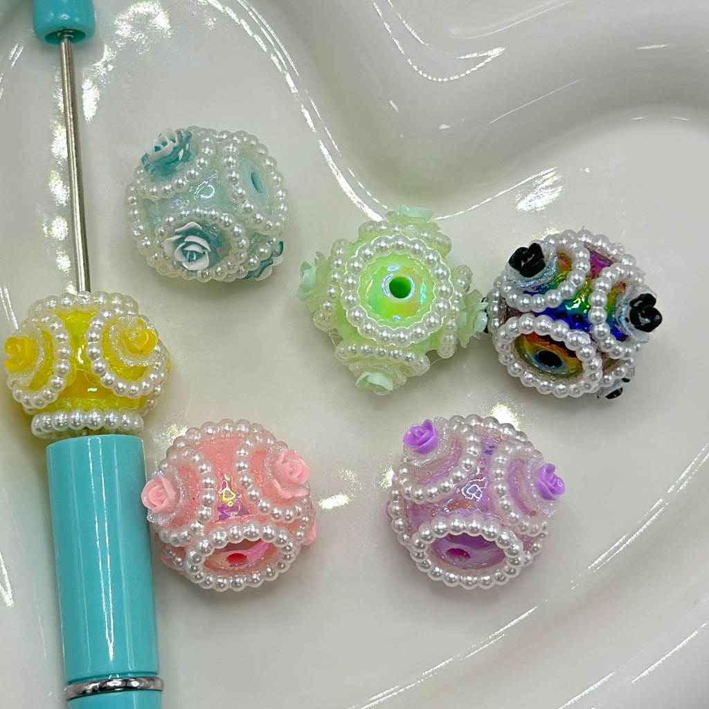 Small Flower Colorful Pearl Ring Round Acrylic Beads, Random Mix, 16MM