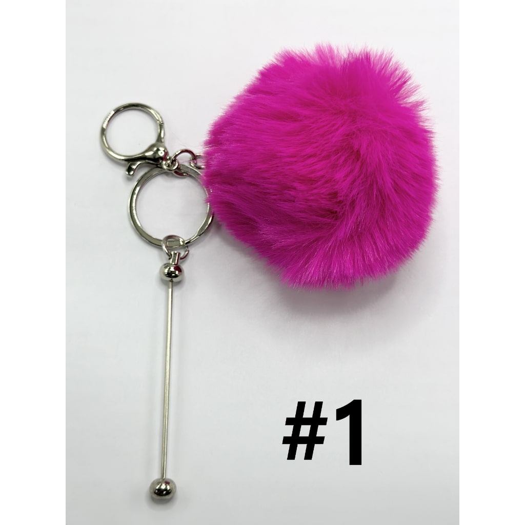 Fluffy 8CM Pom Pom Balls with Metal Beadable Keychain, Bar and Lobster Clasp