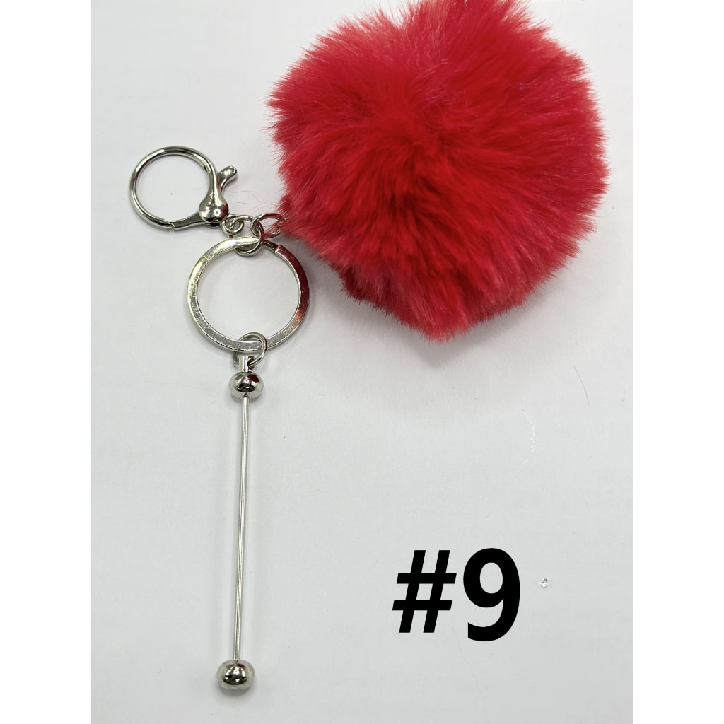Fluffy 8CM Pom Pom Balls with Metal Beadable Keychain, Bar and Lobster Clasp