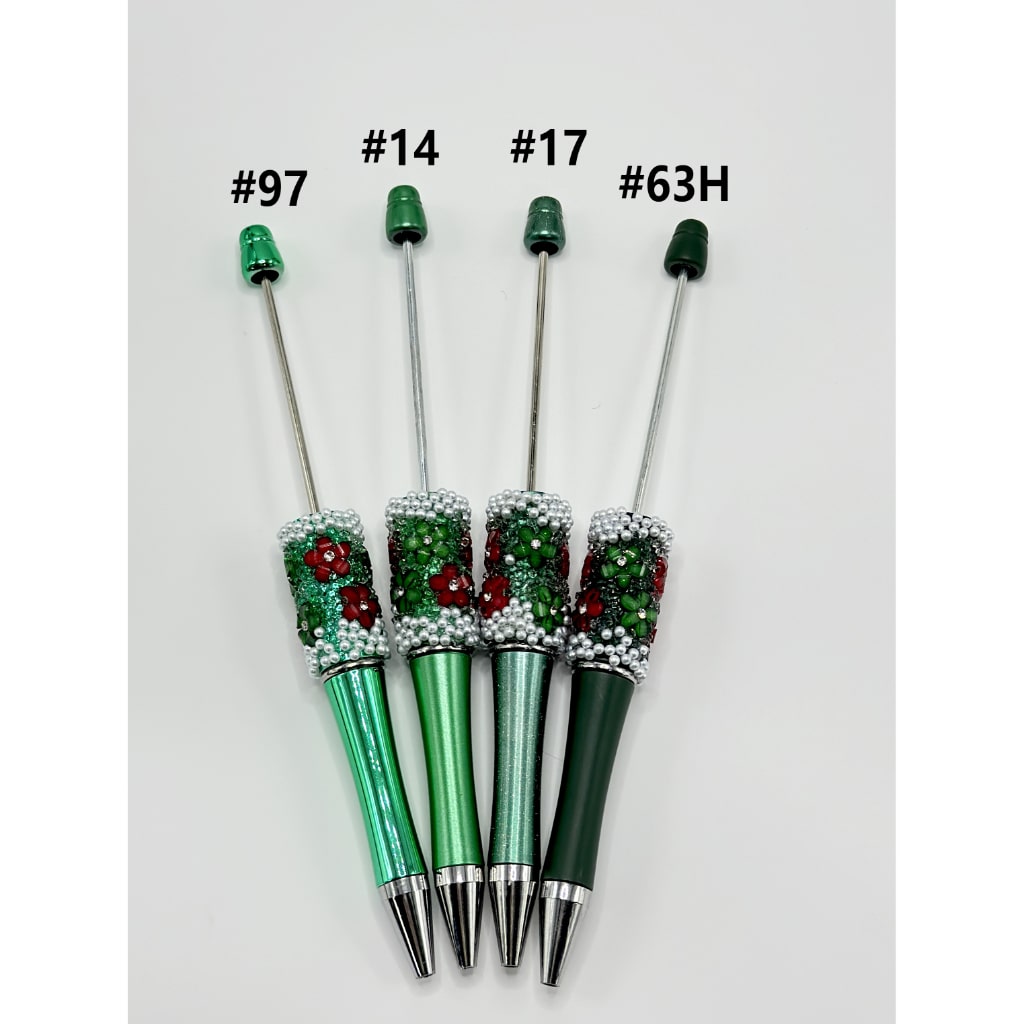 Clear Rhinestone Inside White Pearl with DIY Christmas Red & Green Small Flower Beadable Pen