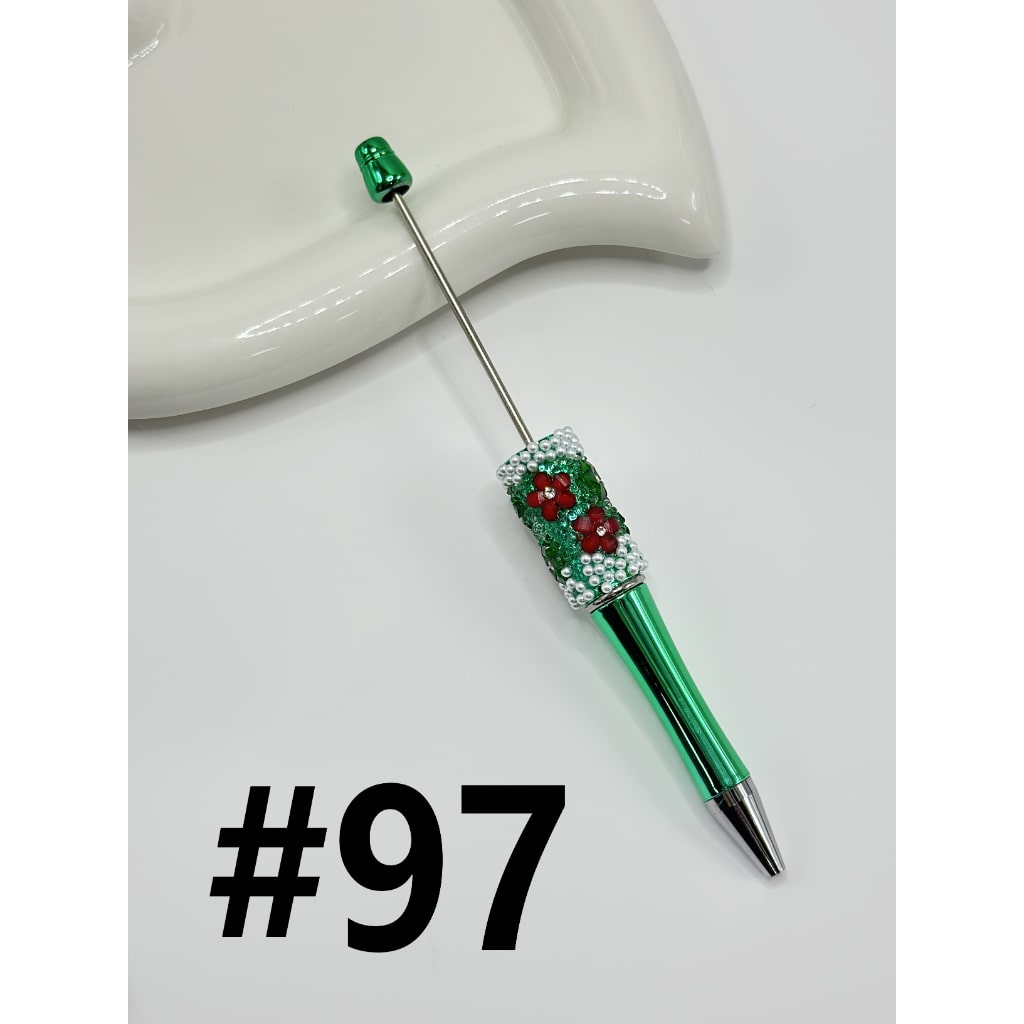 Clear Rhinestone Inside White Pearl with DIY Christmas Red & Green Small Flower Beadable Pen