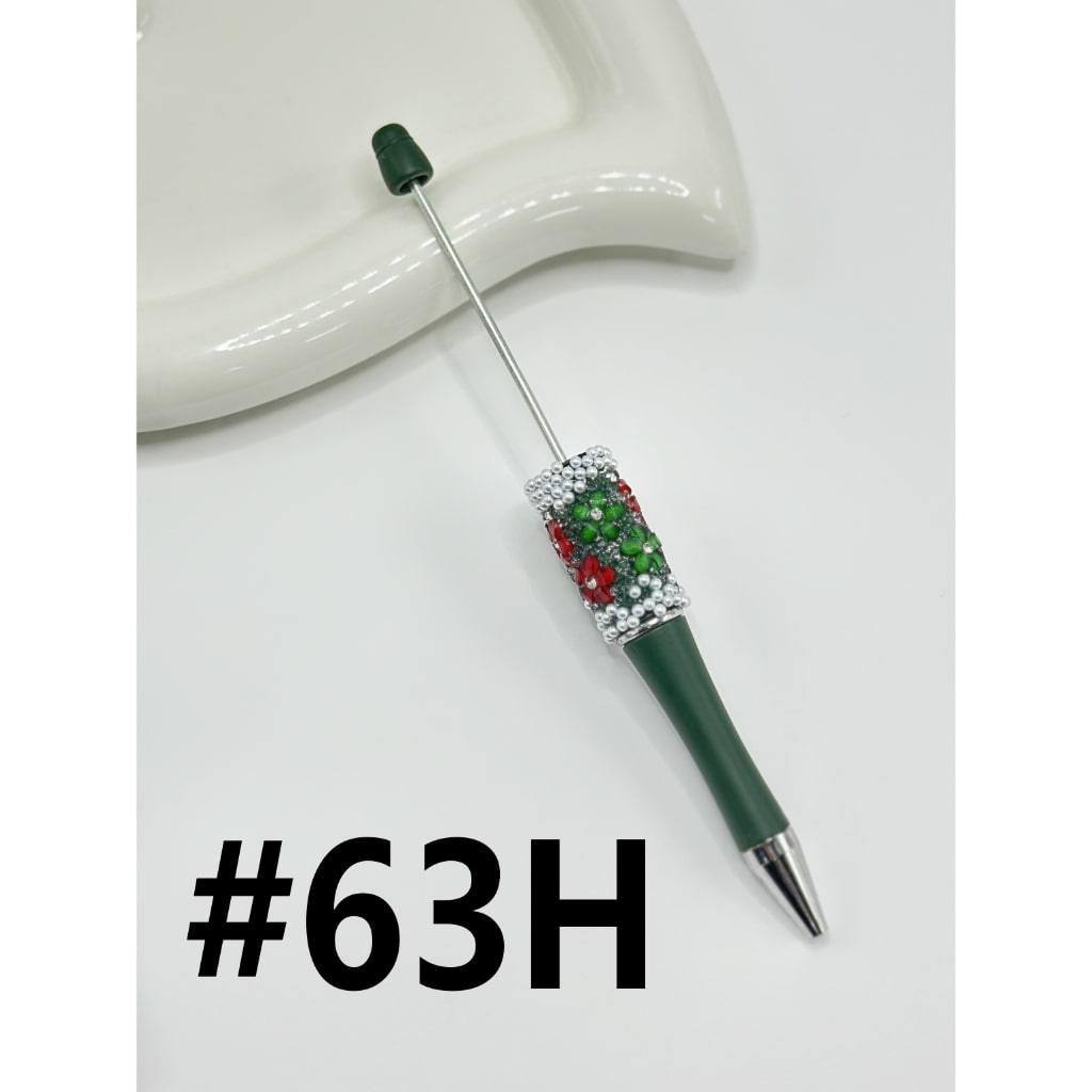 Clear Rhinestone Inside White Pearl with DIY Christmas Red & Green Small Flower Beadable Pen