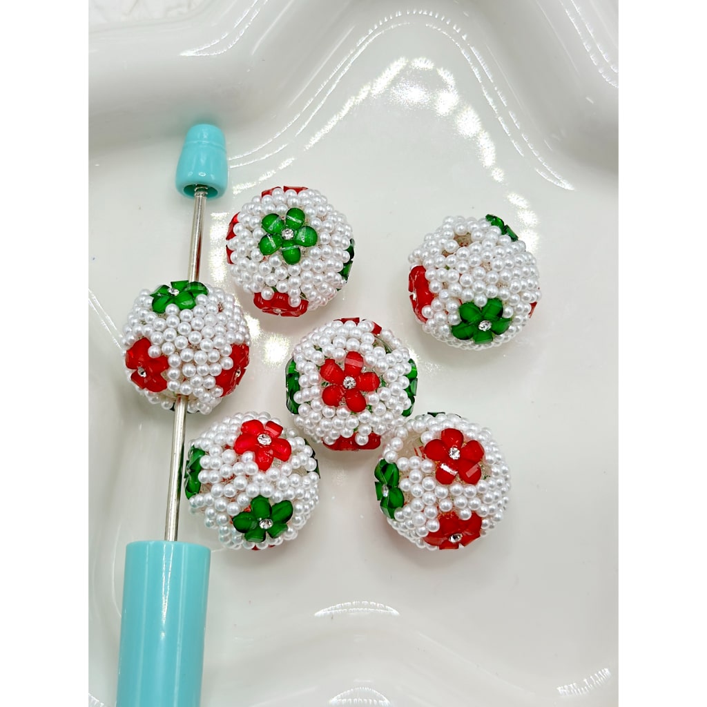 Flowers Cute Small Green & Red Surrounded by White Pearls, with Clear Rhinestone Inside, 20MM Clear Round Acrylic Beads, Random Mix