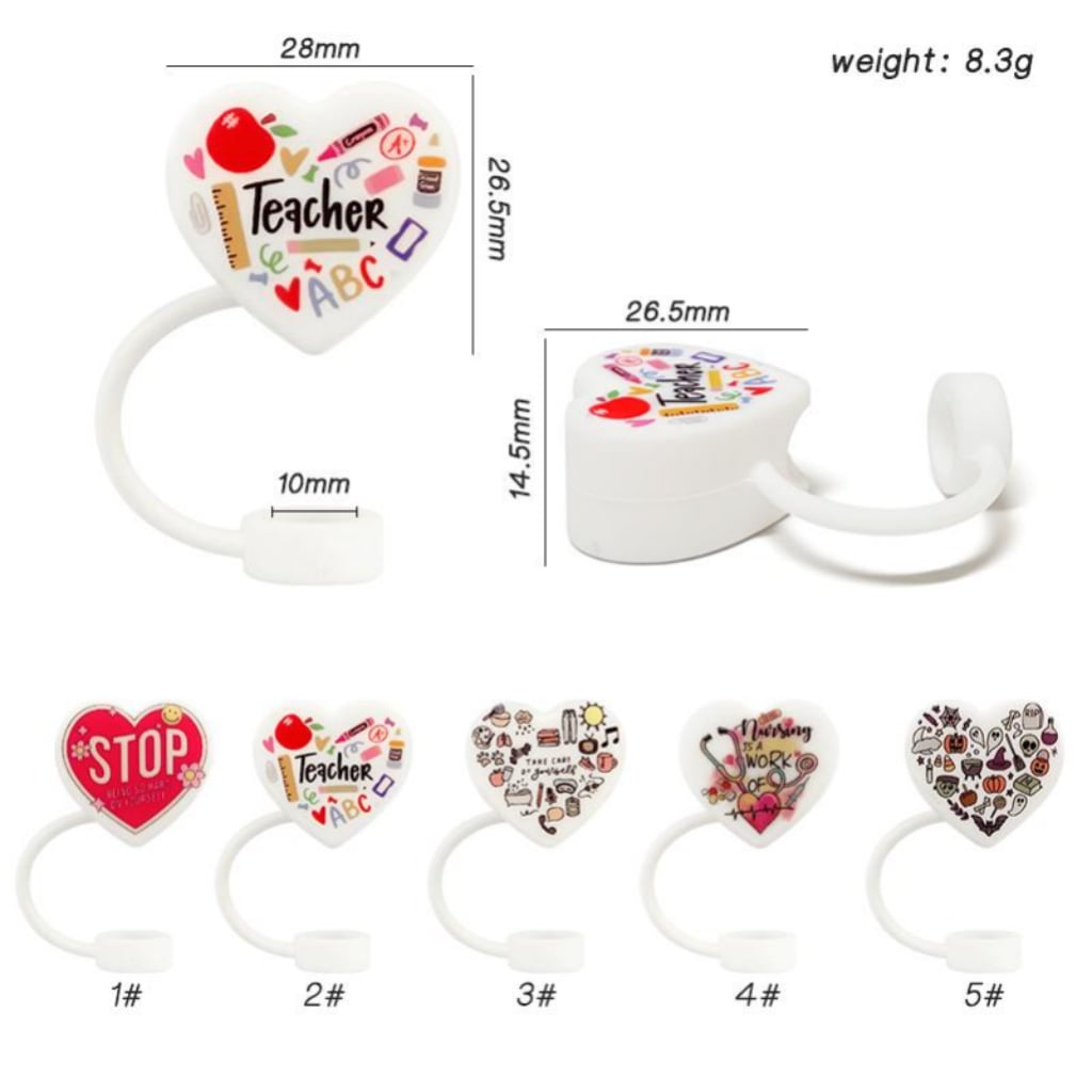 Nurse Halloween Food Grade Cup Tumbler Heart Shape Teacher Stop Silicone Straw Topper, Random Mix