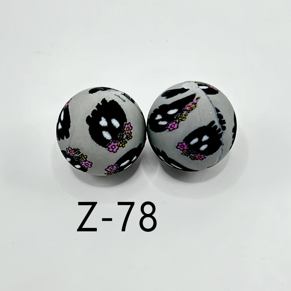 Black Spirit Spooky with Flowers Round Printed Silicone Beads 15mm, Number Z-78