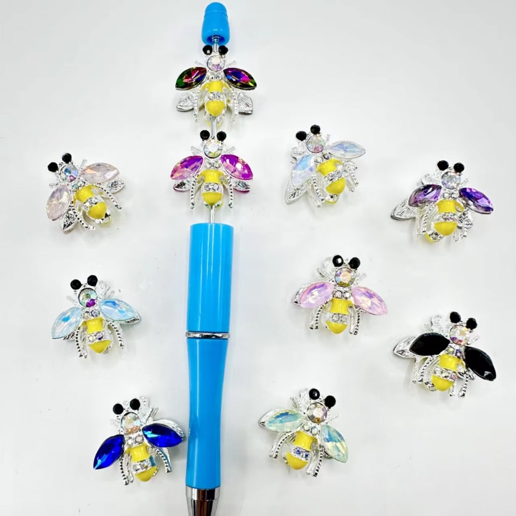 Bling Bling Silver Shiny Rhinestones Alloy Little Cute Bee with Acrylic Beads, Random Mix, Around 20*22MM