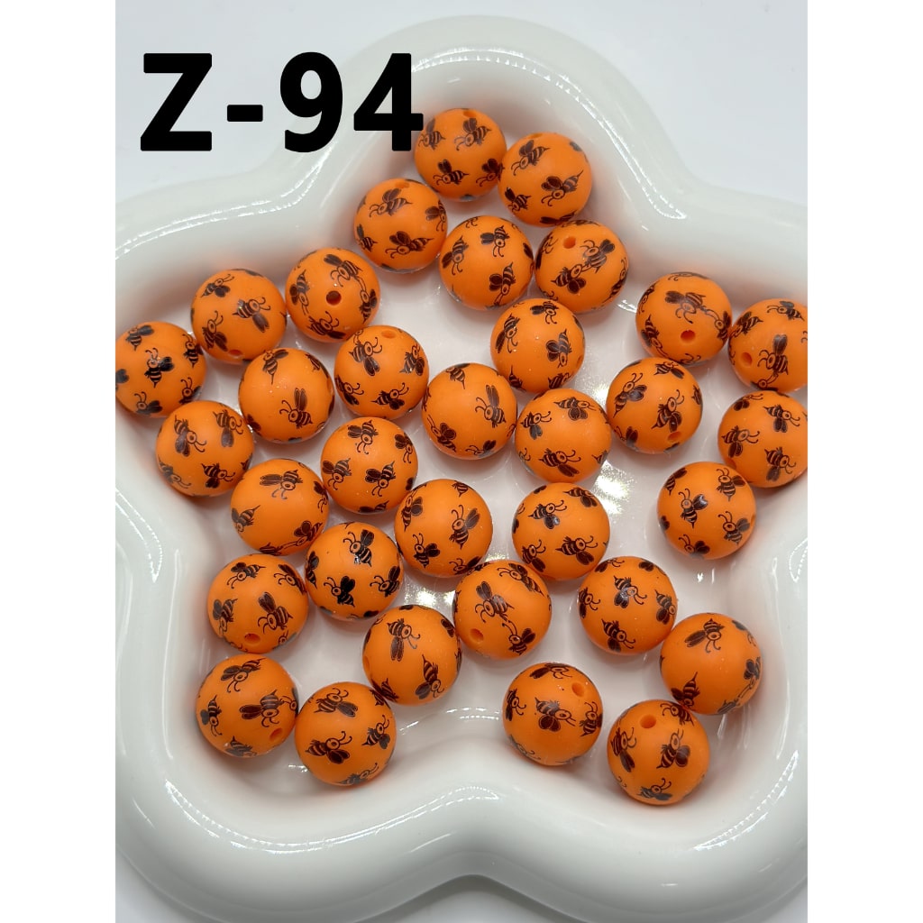 Round Cute Bee Orange Printed Little Silicone Beads 15mm, Number Z-94