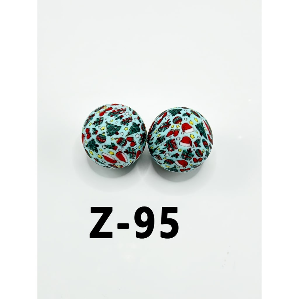 Gift Socks Hat Star Merry Christmas Tree Round Printed Silicone Beads 15mm, Number Z-95