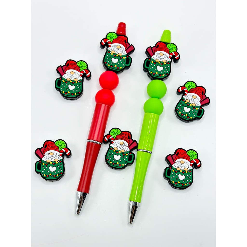 Cute Gnome Dwarf in a Hat Sits in a Green Cup Mug with Christmas Bulbs Red Christmas Silicone Focal Beads