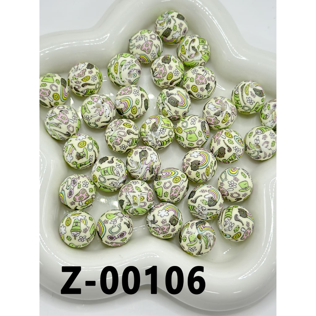 Flowers Mushrooms Hats Rainbow Tree Leaves Round Printed Silicone Beads 15mm, Number Z-00106