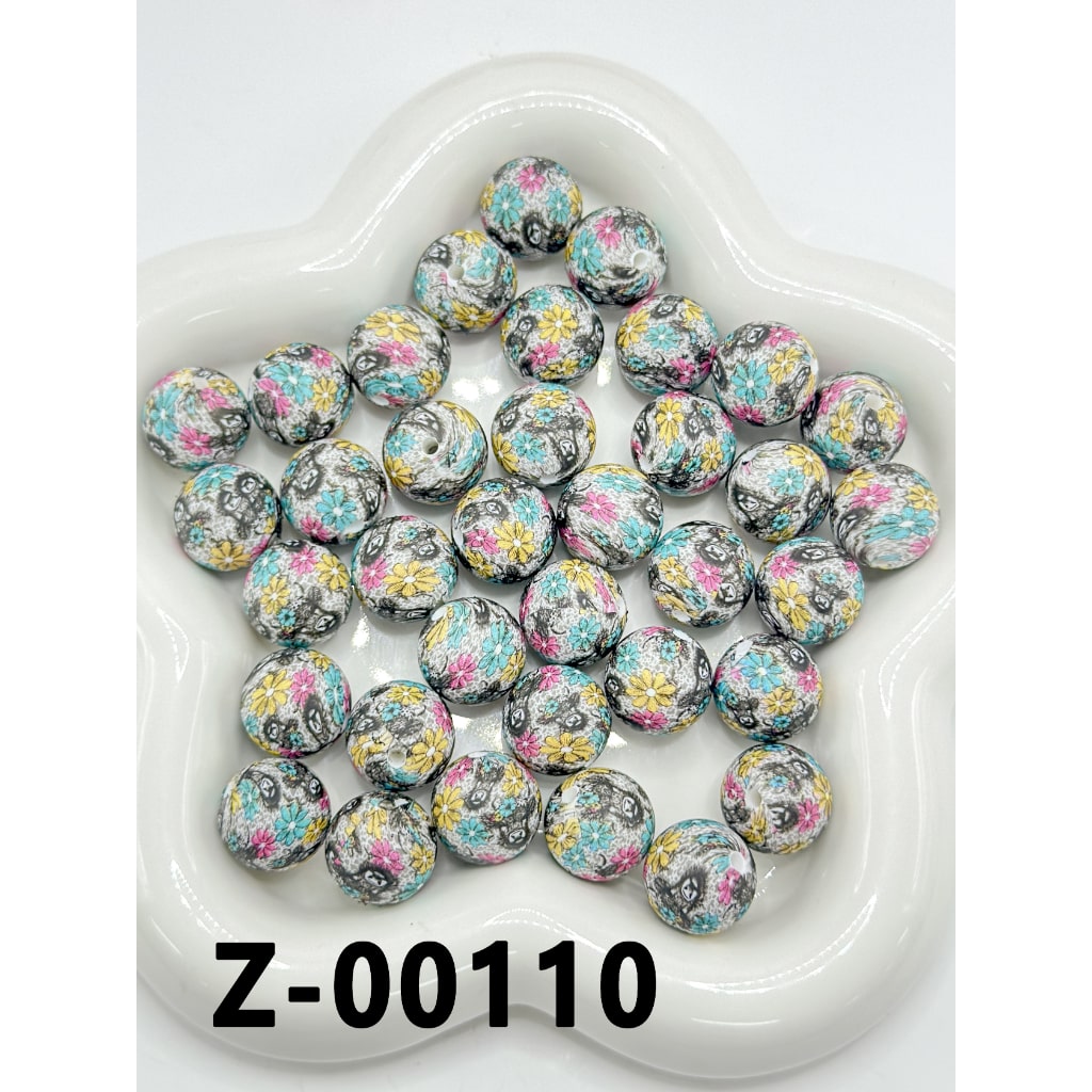 Cow with Flowers, Blue, Red, Yellow, Round Printed Silicone Beads 15mm, Number Z-00110