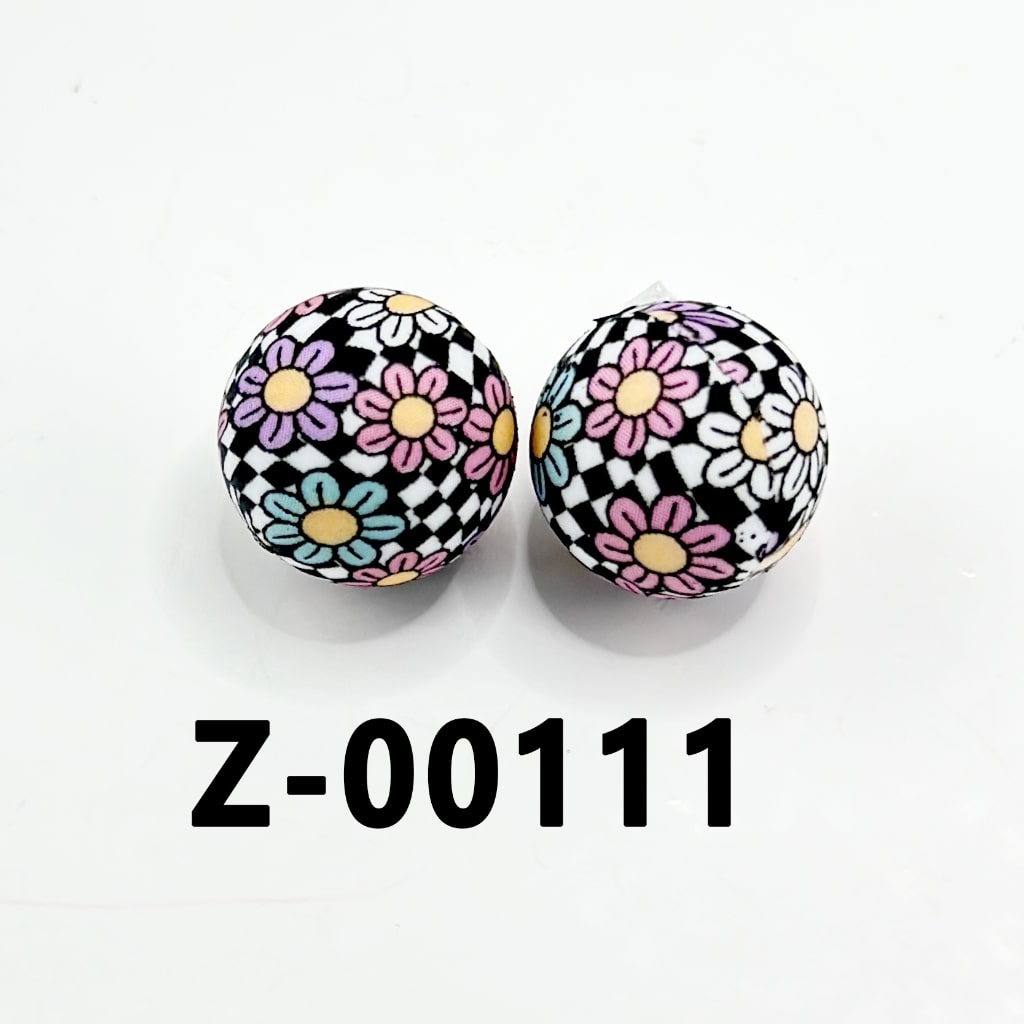 Black White Checks Cute Flowers Round Printed Silicone Beads 15mm, Number Z-00111