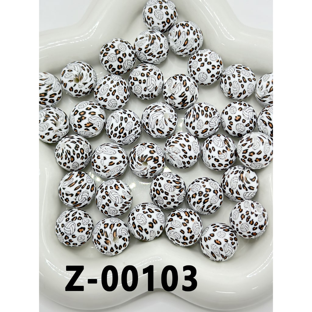 Cute White Round Volleyball Printed Brown Jaguar Leopard Prints Silicone Beads 15mm, Number Z-00103