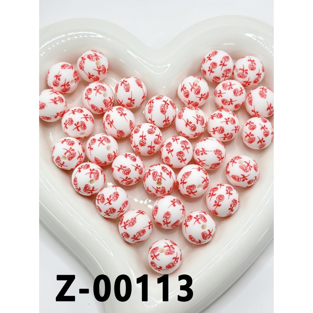 Flower Red Rose White Round Printed Silicone Beads 15mm, Number Z-00113