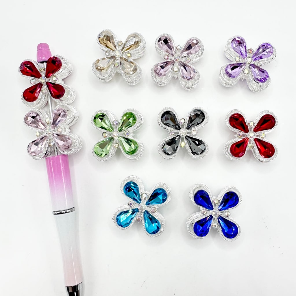 Double Sides Silver Alloy Bling Bling Hollow Four-Petal Flower with Large Diamond AB Color Rhinestones, Random Mix, Around 28*22MM