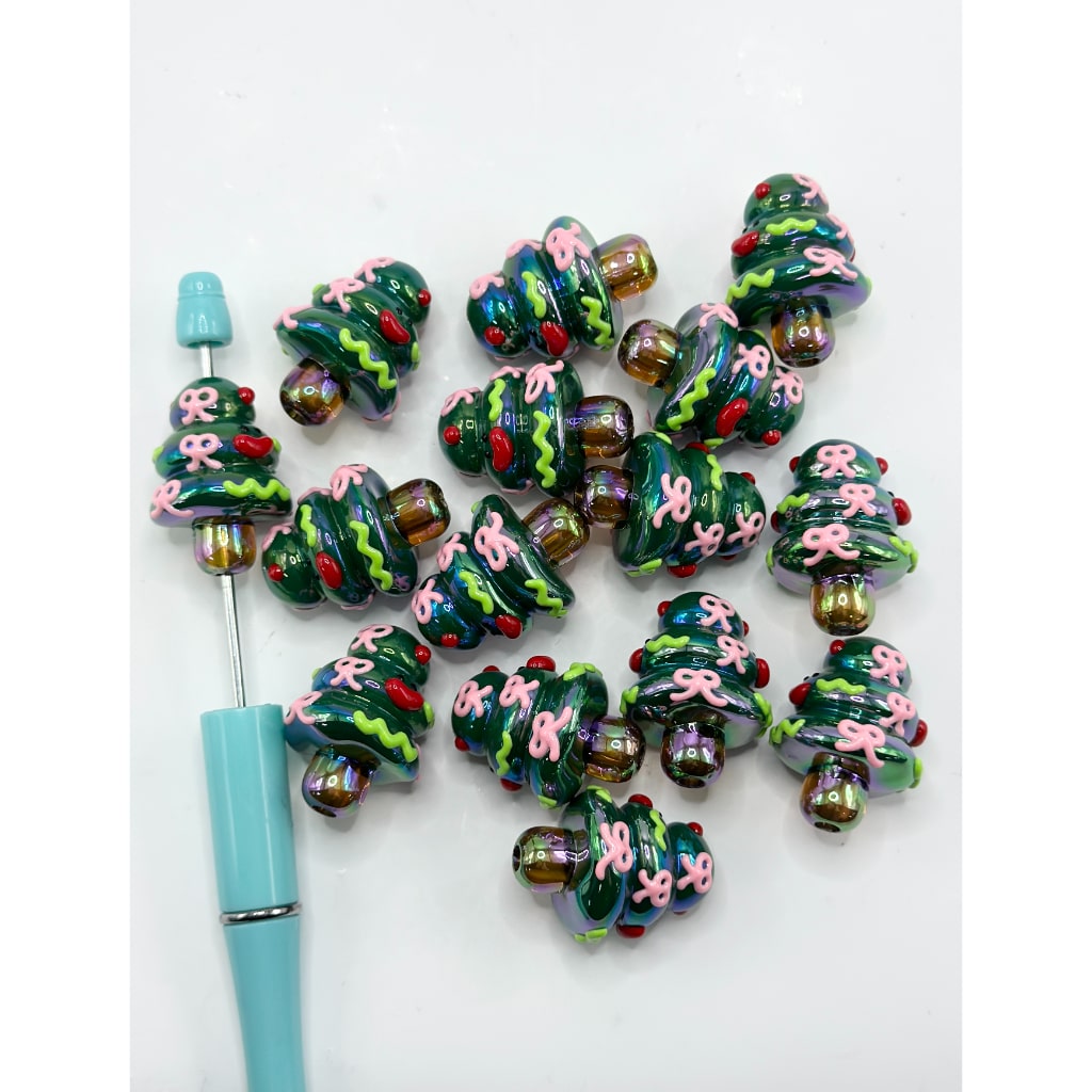 Cute Green Christmas Tree UV Finish with Pink Ribbon Red Mouth Knots Acrylic Beads, Around 29*21MM