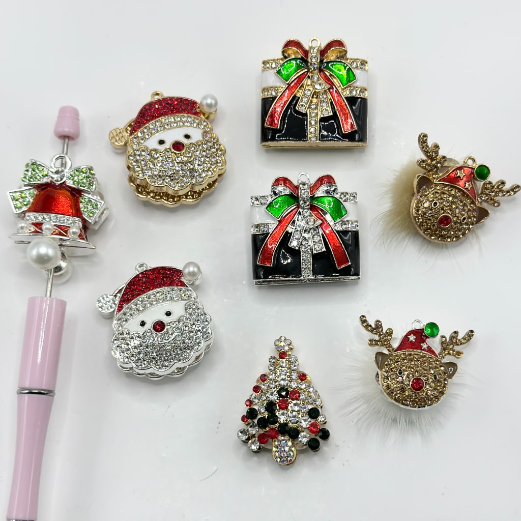 Alloy Metal Bling Bling Christmas Father Hat, Bell, Tree, Deer, Gift with Shiny Rhinestones, Pearls, Colorful Diamonds, and Clay Beads, Random Mix