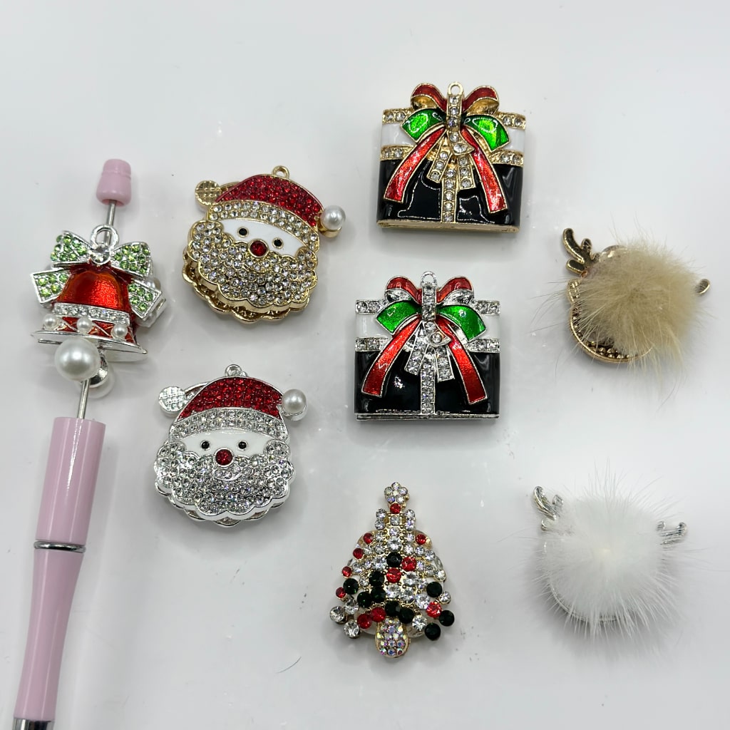 Alloy Metal Bling Bling Christmas Father Hat, Bell, Tree, Deer, Gift with Shiny Rhinestones, Pearls, Colorful Diamonds, and Clay Beads, Random Mix